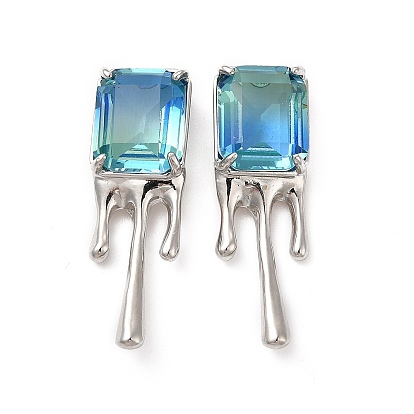 Sky Blue Glass Melting Rectangle Stud Earrings, Rack Plating Brass Jewelry for Women, Cadmium Free & Lead Free