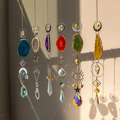 Natural Agate Piece Hanging Ornaments, Metal & Glass Mixed Shapes Suncatchers for Home Outdoor Decoration
