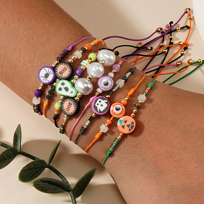 8 шт. Браслеты ручной работы на Хэллоуин из полимерной глины и стеклянного бисера, сплетенные в косичку, регулируемые браслеты шнур