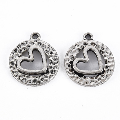 Tibetan Style Alloy Pendants, Cadmium Free & Lead Free, Flat Round with Heart