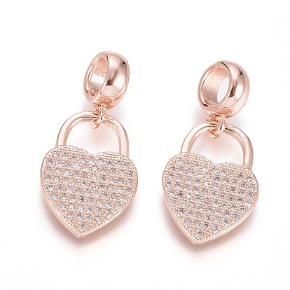 Brass Micro Pave Clear Cubic Zirconia European Dangle Charms, Large Hole Pendants, Heart Lock