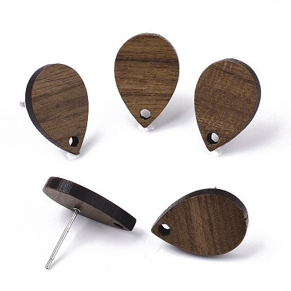 20 Pairs Walnut Wood Stud Earring Findings, with 304 Stainless Steel Pin, Teardrop