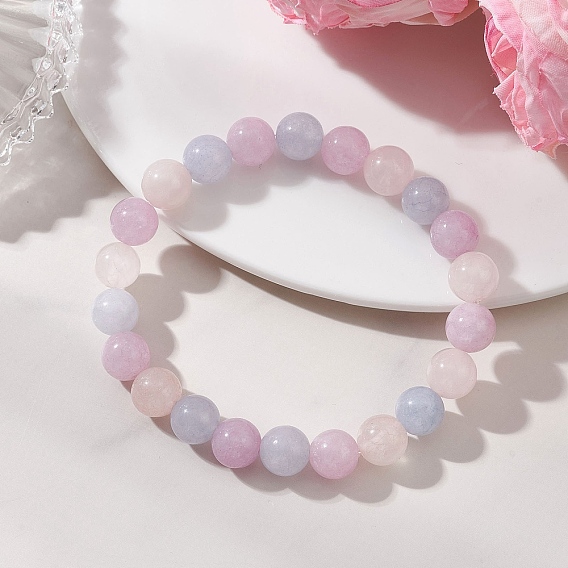 Эластичные браслеты из натуральных круглых бусин аквамарина, розового кварца и аметиста для женщин.