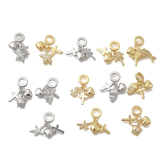 Латунь микропаве прозрачный кубический цирконий европейские подвески с подвесками, подвески в форме креста и сердца с большим отверстием, без кадмия и без свинца, долговечный, стойки покрытие