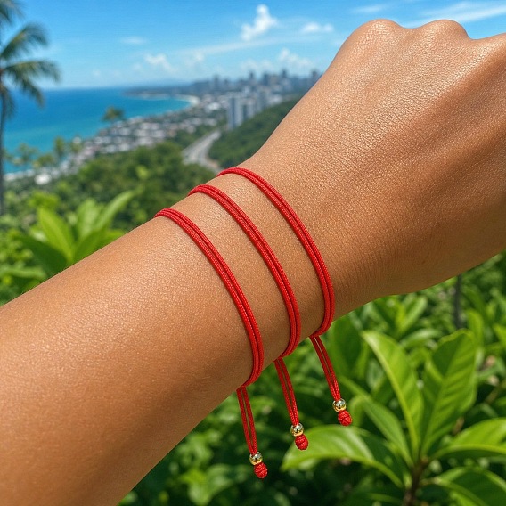 Braided Red Polyester Cord 2-Strand Bracelet Sets, Adjustable Stackable Bracelets with Brass Round Beads