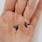 Rhinestone Hummingbird Long Tassel Dangle Stud Earrings, Golden Alloy Ear Thread for Women
