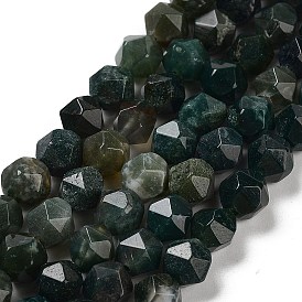 Natural Moss Agate Beads Strands, Star Cut Round Beads, Faceted