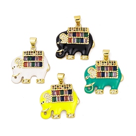 Brass Micro Pave Cubic Zirconia Pendants, with Enamel and Glass, Real 18K Gold Plated, Elephant
