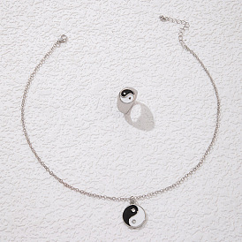 Hip Hop Tai Chi Yin Yang Pendant Necklace Ring Set with Wind Lock Collarbone Chain for Women