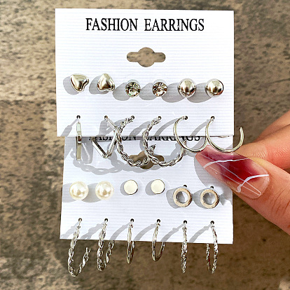 Minimalist Alloy Silver 6 Pairs Pearl Stud Earrings Set - Creative Geometric Ear Cuffs