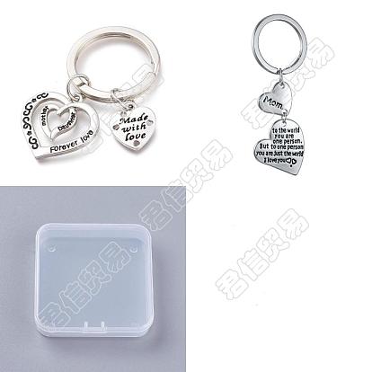 2Pcs 2 Style Alloy Keychain, for Valentine's Day, Heart with Word