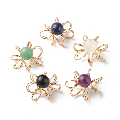 Pendentifs de pierres précieuses naturelles et synthétiques, avec fil de cuivre écologique, fleur