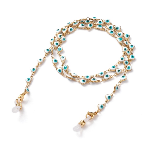 304 Stainless Steel Eyeglasses Chains, Neck Strap for Eyeglasses, with Enamel, Lobster Claw Clasps and Rubber Loop Ends, Heart with Evil Eye, White