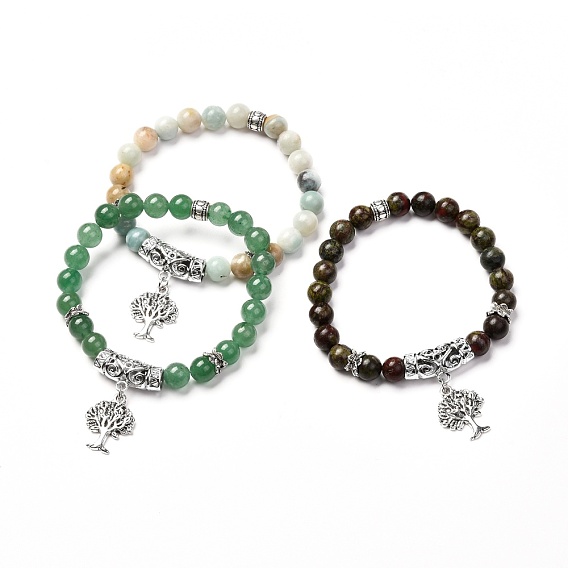 Ensemble de bracelets en pierre pour hommes femmes, Bracelets extensibles en jaspe de sang de dragon naturel et fleur amazonite et aventurine verte, bracelets arbre de vie de style tibétain