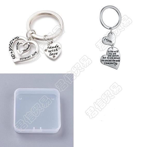 2Pcs 2 Style Alloy Keychain, for Valentine's Day, Heart with Word