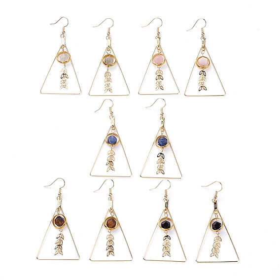 Natural Gemstone Dangle Earrings, with Brass Real 18K Gold Plated Earring Hooks and Brass Findings, Triangle