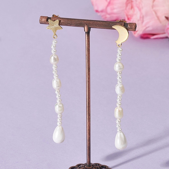 Луна и звезда 304 серьги-гвоздики из нержавеющей стали с культивированным пресноводным жемчугом, с жемчугом из раковины , слева и справа