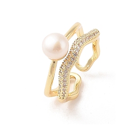 Round Natural Freshwater Pearl Finger Ring for Women, Brass Micro Pave Cubic Zirconia Open Cuff Ring