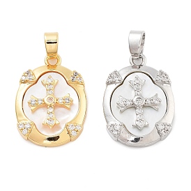 Rack Plating Brass Clear Cubic Zirconia Charms, with Shell, Oval with Cross