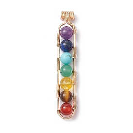 Chakra Gemstone Round Beaded Big Pendants, Light Gold Plated Alloy Oval Charms, Mixed Dyed and Undyed