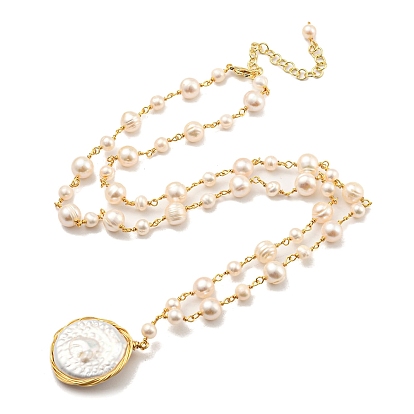 Natural Pearl Oval Pendant Necklace, Real 14K Gold Plated Brass Jewelry for Women
