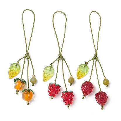 3шт. 3 стили: стеклянные подвесные украшения с фруктовой тематикой для мобильных телефонов, с использованием изделий ручной работы из стекла и бусин из натурального китайского/южного нефрита., разнообразные