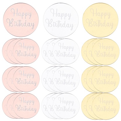 30Pcs 3 Colors Birthday Theme Acrylic Ornaments, Round with Word HAPPY BIRTHDAY, for Cake Decoration