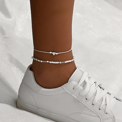 2шт. наборы браслетов на ногу из стеклянных бусин, с бусиной из сплава в форме сердца