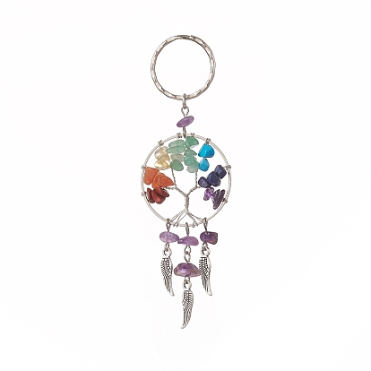 Natural & Synthetic Gemstone Chips Tree of Life with Alloy Wings Pendant Keychain, with Brass Key Rings