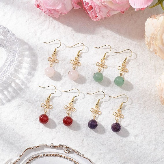 4 пары латунных круглых серег-подвесок, со смешанными каменных бус, золотые