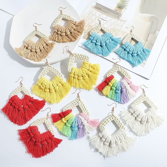 Bohemian Style Cotton Tassel Fan-shaped Earrings for Beach Vacation