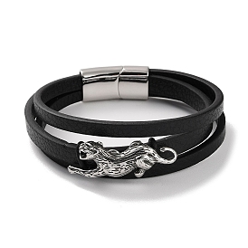 Men's Black PU Leather Cord Multi-Strand Bracelets, Leopard 304 Stainless Steel Link Bracelets with Magnetic Clasps