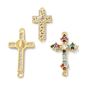 Rack Plating Brass Cubic Zirconia Religion Cross Connector Charm, Long-Lasting Plated, Lead Free & Cadmium Free, Real 18K Gold Plated