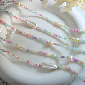 Colorful Glass Bead Collarbone Necklace with Freshwater Pearls for Women