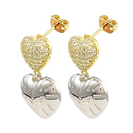 Rack Plating Brass Heart Dangle Stud Earrings with Cubic Zirconia, Long-Lasting Plated, Lead Free & Cadmium Free
