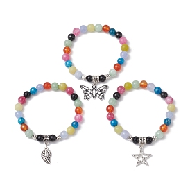 3Pcs 3 Styles 8mm Round Mixed Gemstone Beaded Stretch Bracelet Sets, Leaf & Butterfly & Star Alloy Charm Stackable Bracelets for Women