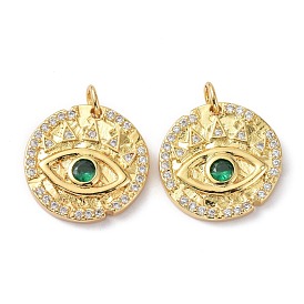 Brass Clear and Green Cubic Zirconia  Pendants, with Jump Ring, Long-Lasting Plated, Lead Free & Cadmium Free, Flat Round with Eye Pattern, Real 18K Gold Plated
