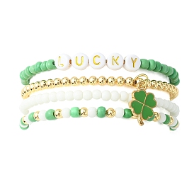 4Pcs 4 Style Word Lucky Acrylic & Glass Seed & Brass Beaded Stretch Bracelets Set, Clover Alloy Enamel Charm Stackable Bracelets for Saint Patrick's Day