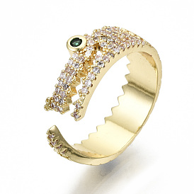 Brass Micro Pave Clear Cubic Zirconia Cuff Rings, Open Rings, Cadmium Free & Nickel Free & Lead Free, Crocodile