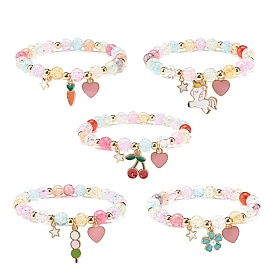 Candy Color Round Beaded Stretch Bracelet with Heart Charm for Women