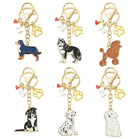 6 piezas 6 estilos llavero de aleación de esmalte, con anillas para llavero divididas y cierres de mosquetón, perro y huellas de patas y corazón, dorado