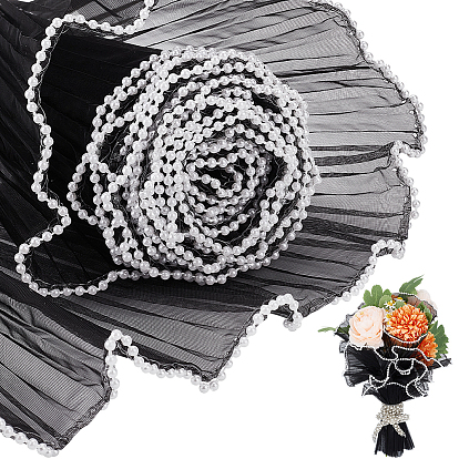Ramo de flores de poliéster envoltura de papel de malla, con borde de plástico abs imitación perla, ramo embalaje papel arrugado ondulado neta hilo, para el día de San Valentín, boda, decoración de cumpleaños
