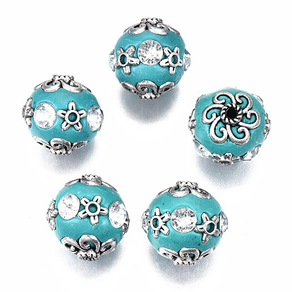 Handmade Indonesia Beads, with Crystal Rhinestone and Brass Findings, Round, Antique Silver