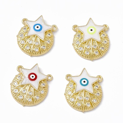 Rack Plating Brass Micro Pave Clear Cubic Zirconia Pendants, with Enamel, Real 18K Gold Plated, Long-Lasting Plated, Cadmium Free & Lead Free, Flat Round with Star