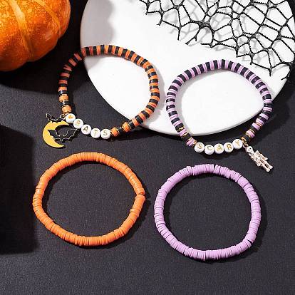 4Pcs Halloween Theme Handmade Polymer Clay Beaded Stretch Bracelets, with Alloy Enamel Bat/Skeleton Pendants and Acrylic Beads