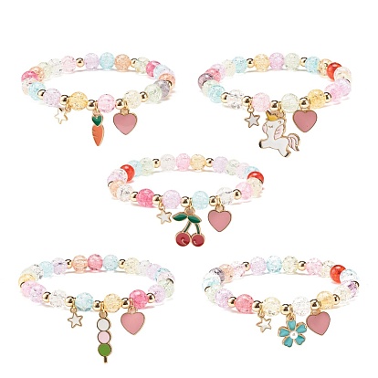 Candy Color Round Beaded Stretch Bracelet with Heart Charm for Women