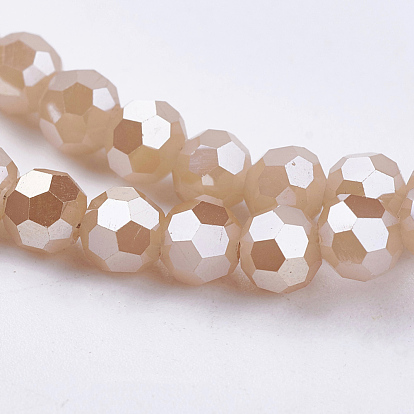 Electroplate Glass Beads Strands, Imitation Jade, Pearl Luster Plated, Faceted(32 Facets), Round