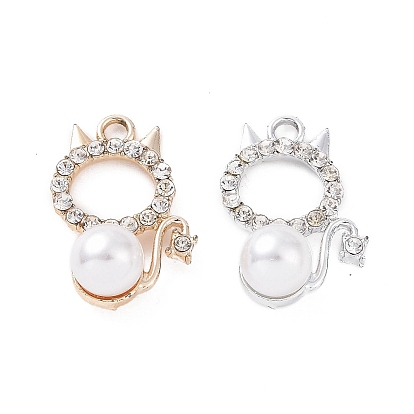 Alloy Rhinestone Pendants, with ABS Plastic Imitation Pearl Beads, Cat Charm