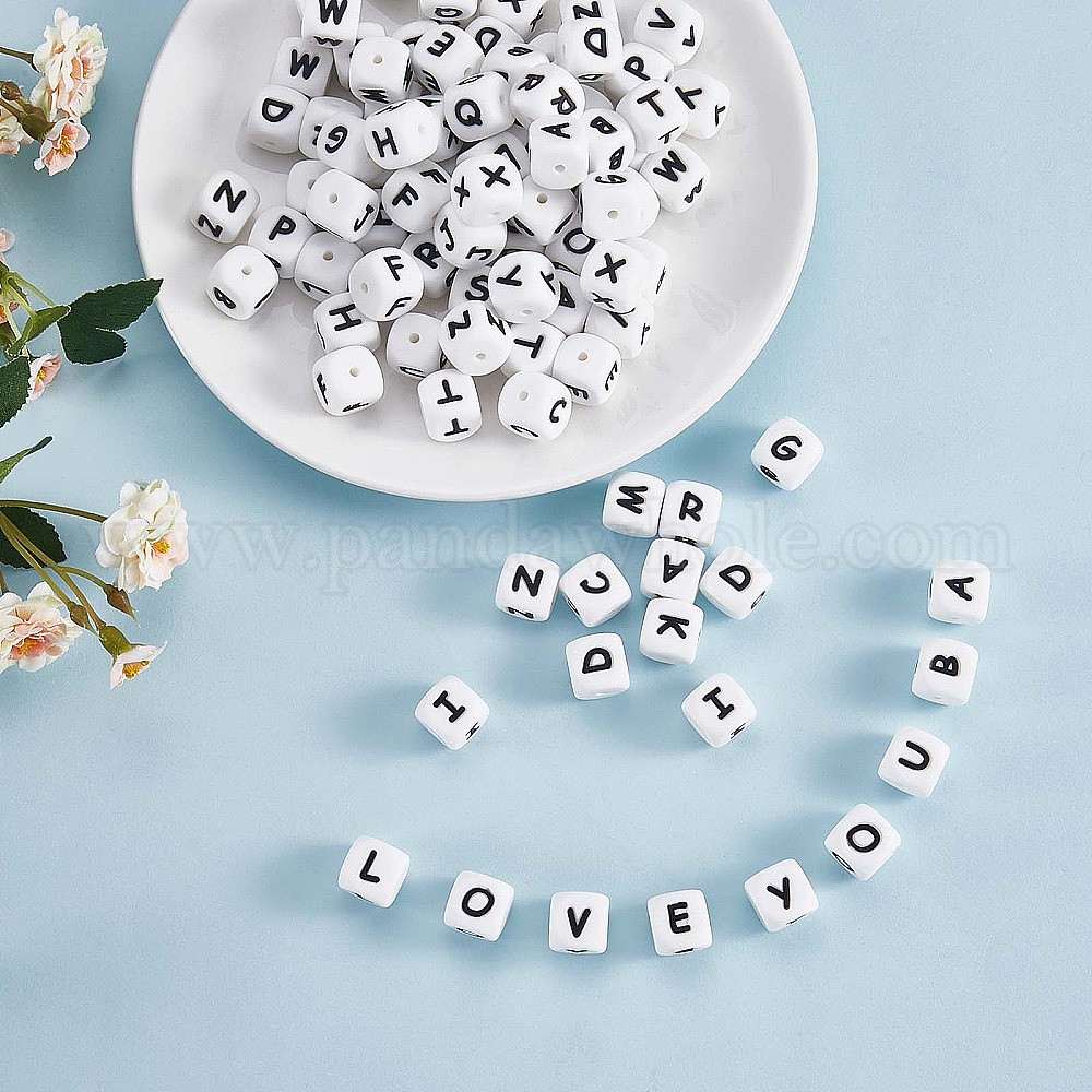 Wholesale 20Pcs Black Cube Letter Silicone Beads 12x12x12mm Square Dice Alphabet  Beads with 2mm Hole Spacer Loose Letter Beads for Bracelet Necklace Jewelry  Making 