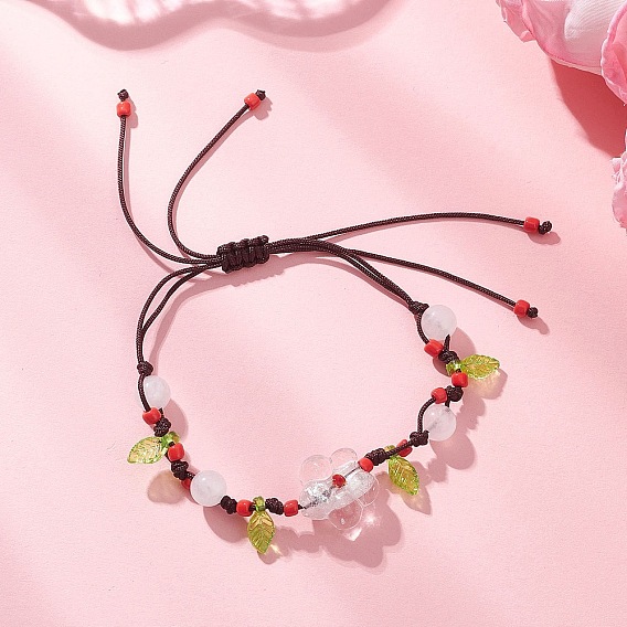 Браслеты из плетеных бусин ручной работы из серебряной фольги и стекла в технике лэмпворк с бусинами из натурального белого нефрита для женщин, цветок, с подвесками в виде акриловых листьев